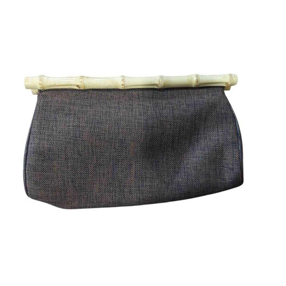 Beaded Floral Fabric Clutch With Bamboo Accent